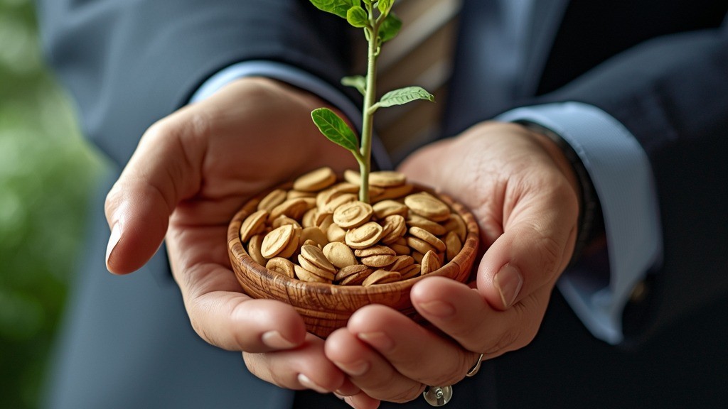 Two hands cupping a small wooden bowl of seeds with a green seedling growing from the center